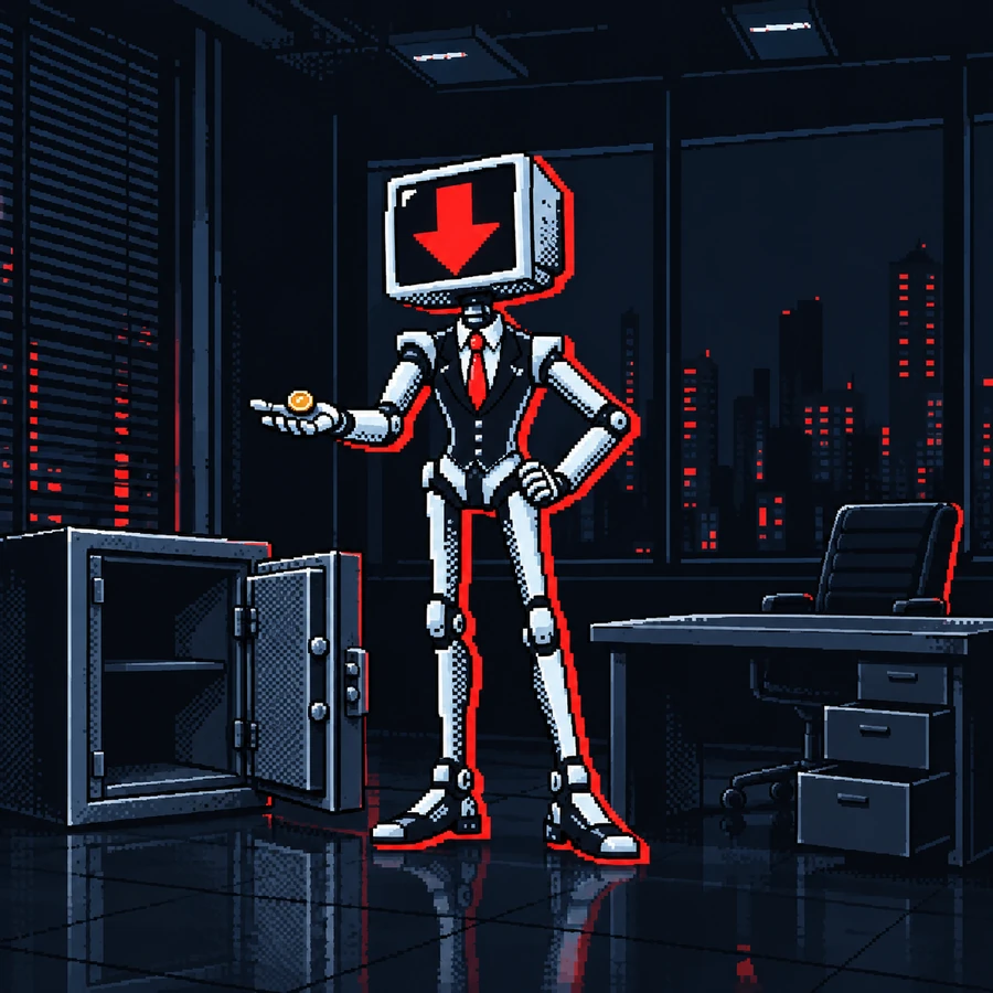 The robot in an empty office beside an empty open safe, offering away his last coin